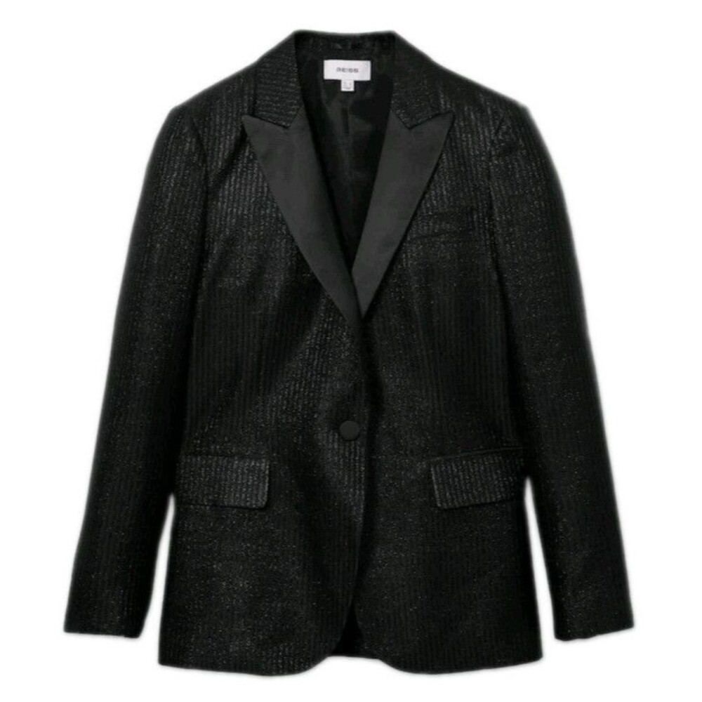 Reiss Black Single-Breasted Stripe Sparkle Tuxedo Blazer 10
